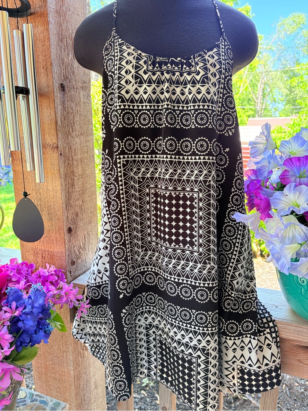 Pearle 88 Black & White Mixed Print Sleeveless Breezy Pockets Tank Flare Dress S